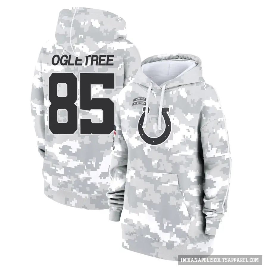 Women's ＃85 Drew Ogletree Indianapolis Colts Arctic Camo 2024 Salute to Service Club Fleece Pullover Hoodie
