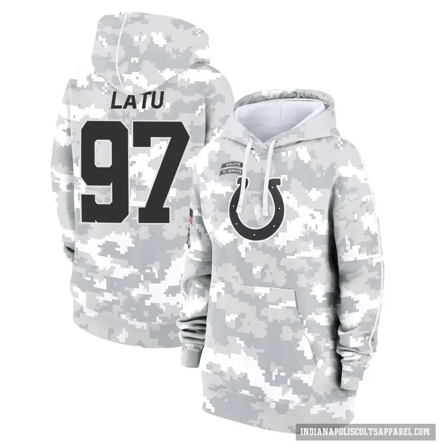 Women's ＃97 Laiatu Latu Indianapolis Colts Arctic Camo 2024 Salute to Service Club Fleece Pullover Hoodie