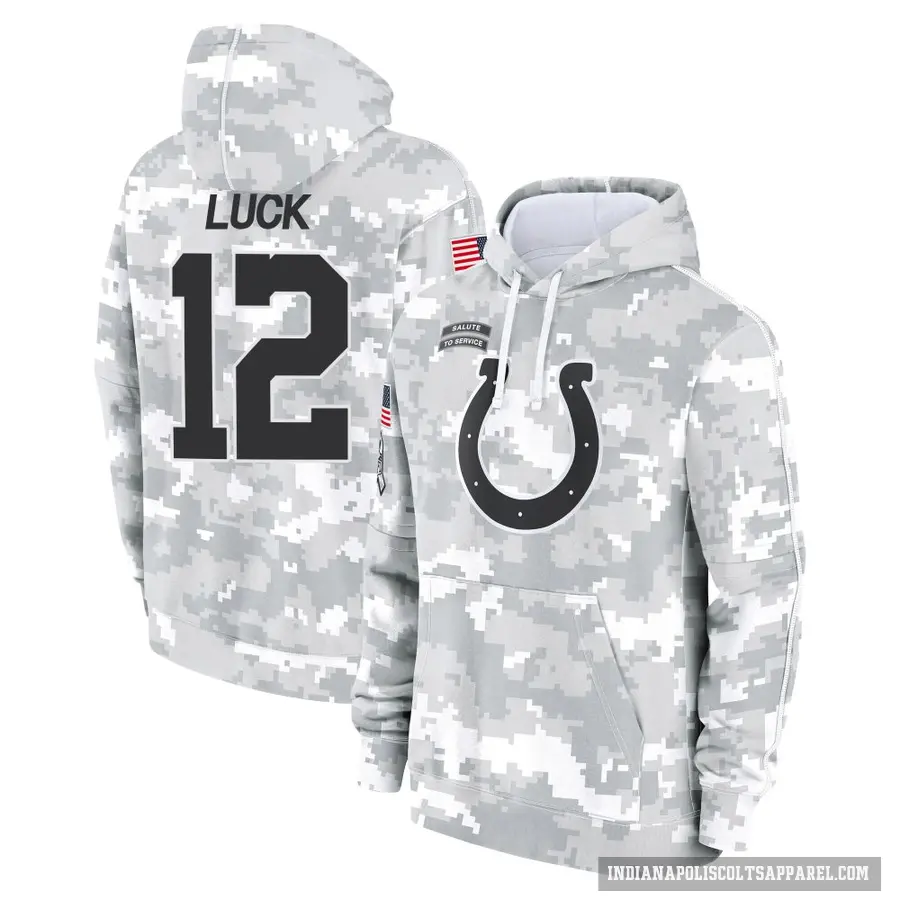 Youth ＃12 Andrew Luck Indianapolis Colts Arctic Camo 2024 Salute to Service Club Fleece Pullover Hoodie