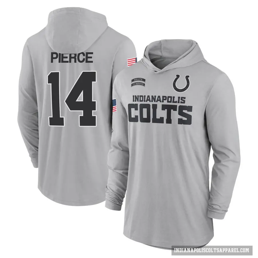 Youth ＃14 Alec Pierce Indianapolis Colts Gray 2024 Salute to Service Lightweight Performance Long Sleeve Hooded T-Shirt