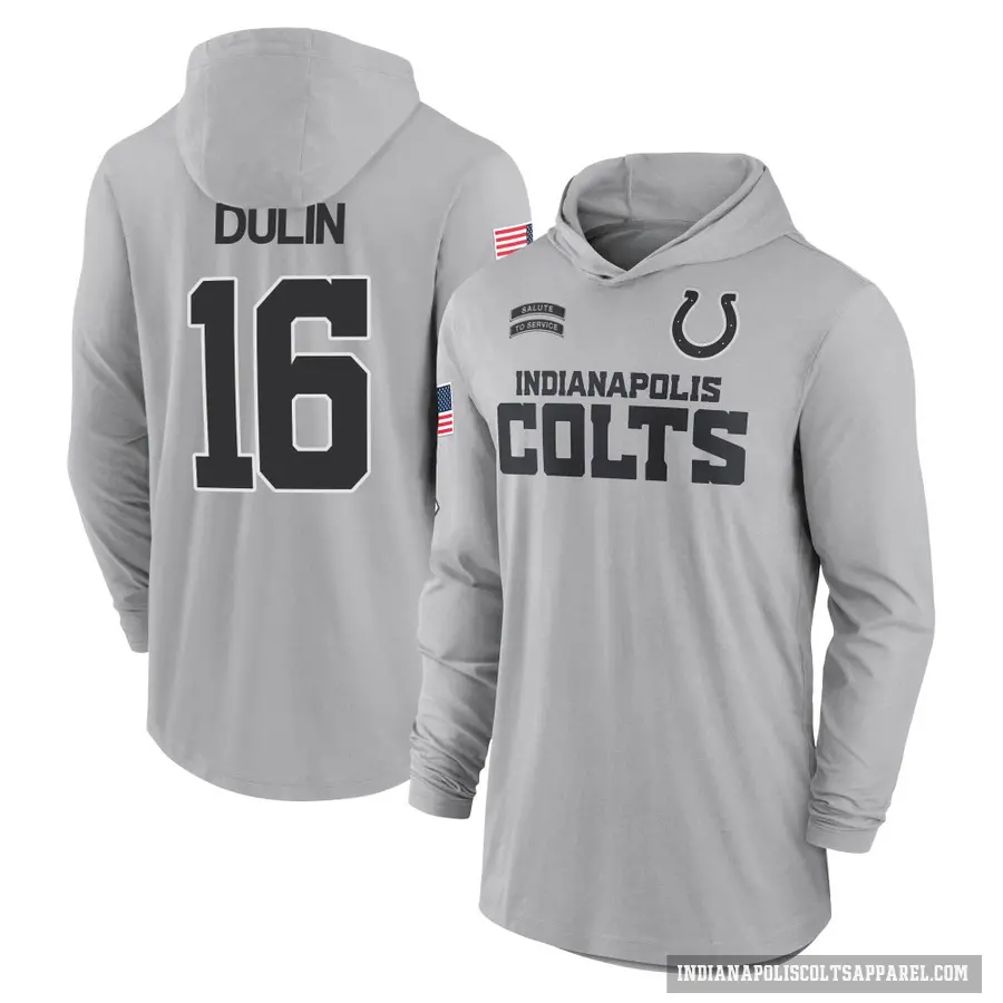 Youth ＃16 Ashton Dulin Indianapolis Colts Gray 2024 Salute to Service Lightweight Performance Long Sleeve Hooded T-Shirt