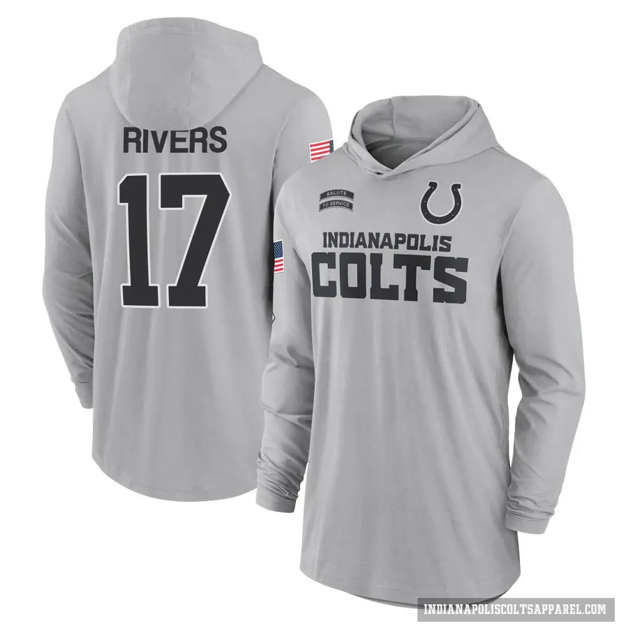 Youth ＃17 Philip Rivers Indianapolis Colts Gray 2024 Salute to Service Lightweight Performance Long Sleeve Hooded T-Shirt
