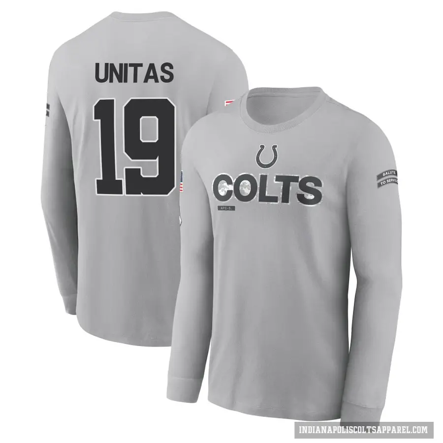 Youth ＃19 Johnny Unitas Indianapolis Colts Gray 2024 Salute to Service Long Sleeve T-Shirt