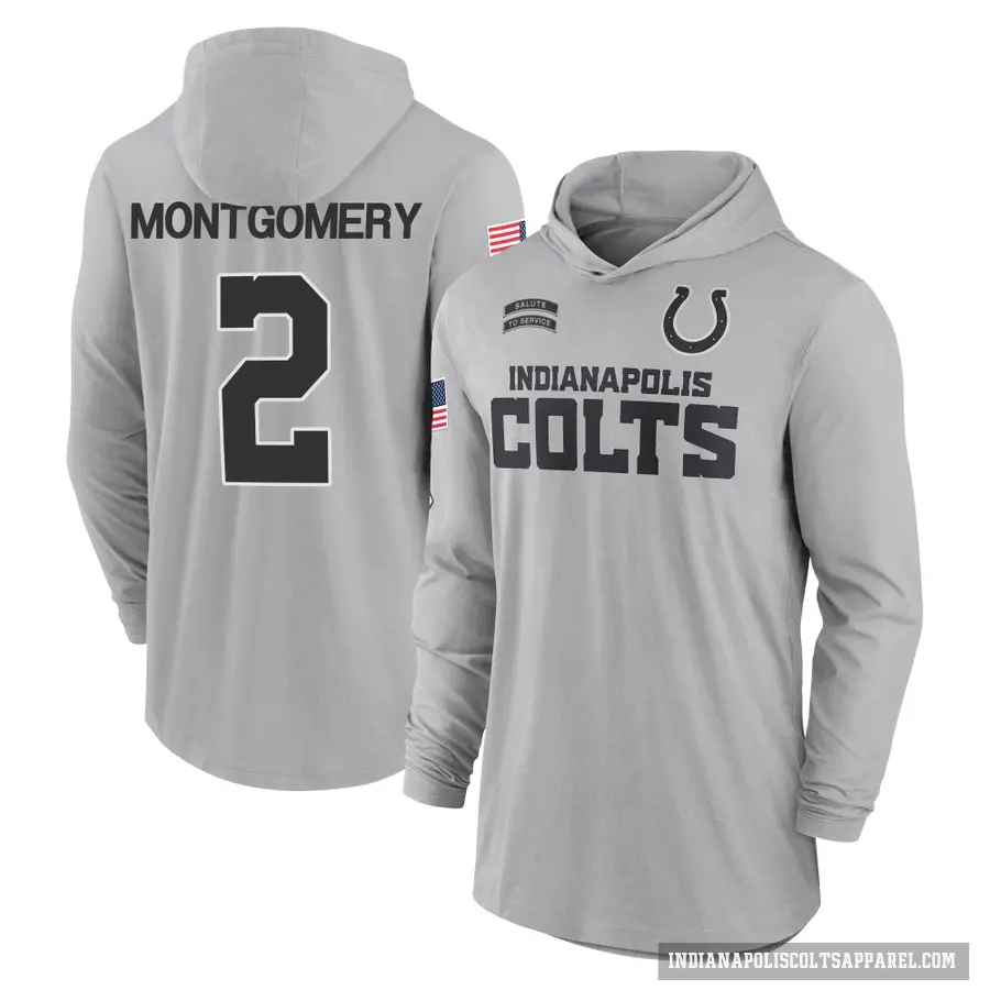 Youth ＃2 D.J. Montgomery Indianapolis Colts Gray 2024 Salute to Service Lightweight Performance Long Sleeve Hooded T-Shirt