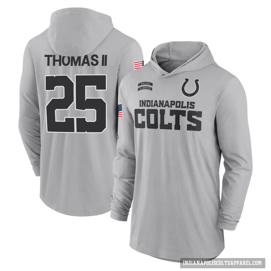 Youth ＃25 Rodney Thomas II Indianapolis Colts Gray 2024 Salute to Service Lightweight Performance Long Sleeve Hooded T-Shirt