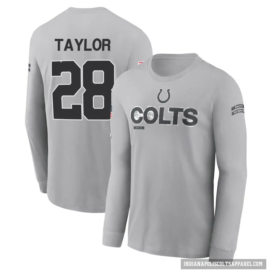 Youth ＃28 Jonathan Taylor Indianapolis Colts Gray 2024 Salute to Service Long Sleeve T-Shirt