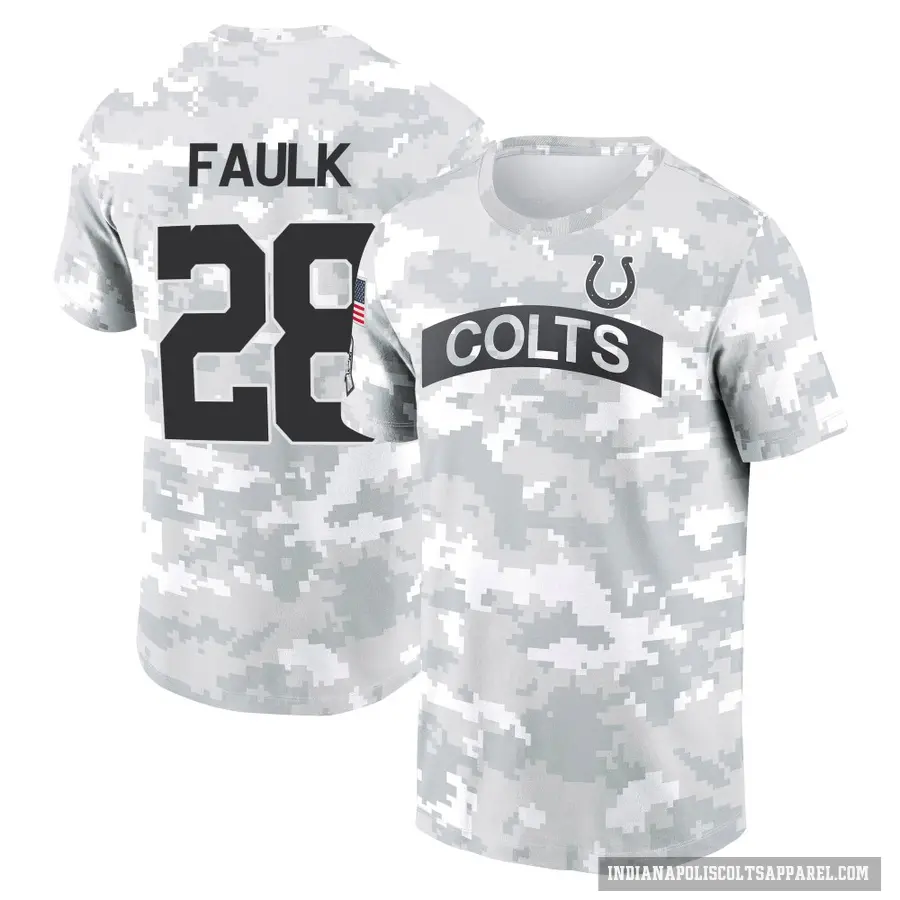 Youth ＃28 Marshall Faulk Indianapolis Colts Camo Arctic 2024 Salute to Service Performance T-Shirt