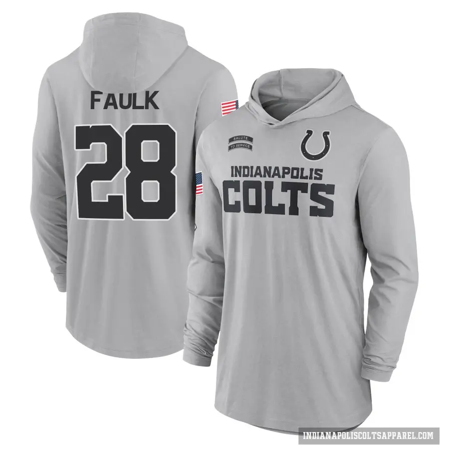 Youth ＃28 Marshall Faulk Indianapolis Colts Gray 2024 Salute to Service Lightweight Performance Long Sleeve Hooded T-Shirt