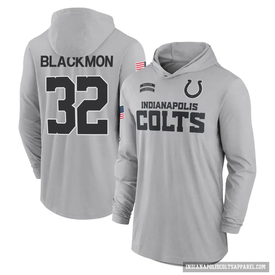Youth ＃32 Julian Blackmon Indianapolis Colts Black Gray 2024 Salute to Service Lightweight Performance Long Sleeve Hooded T-Shir