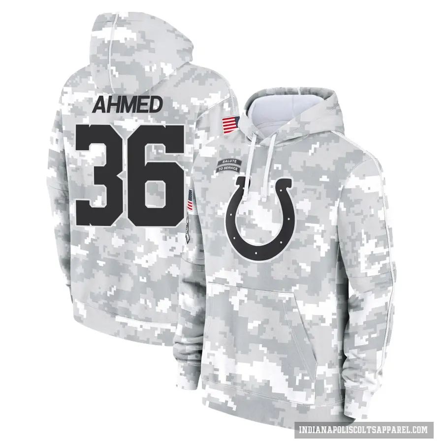 Youth ＃36 Salvon Ahmed Indianapolis Colts Arctic Camo 2024 Salute to Service Club Fleece Pullover Hoodie