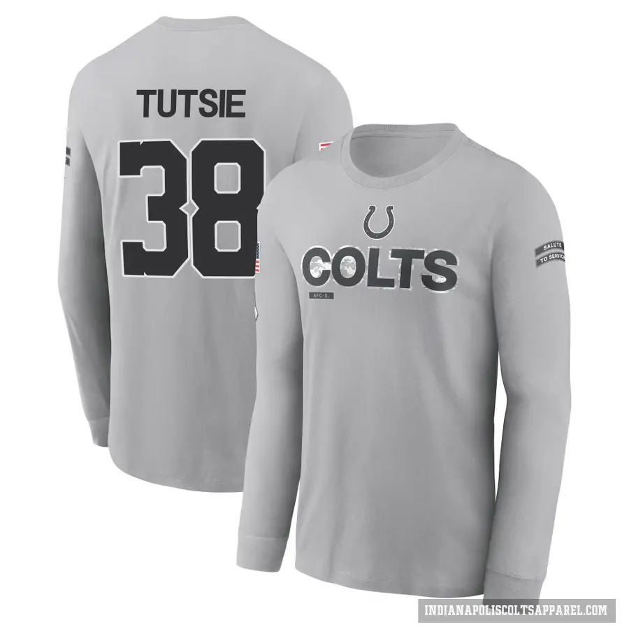 Youth ＃38 Michael Tutsie Indianapolis Colts Gray 2024 Salute to Service Long Sleeve T-Shirt