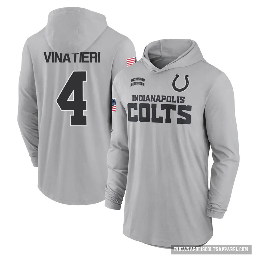 Youth ＃4 Adam Vinatieri Indianapolis Colts Gray 2024 Salute to Service Lightweight Performance Long Sleeve Hooded T-Shirt