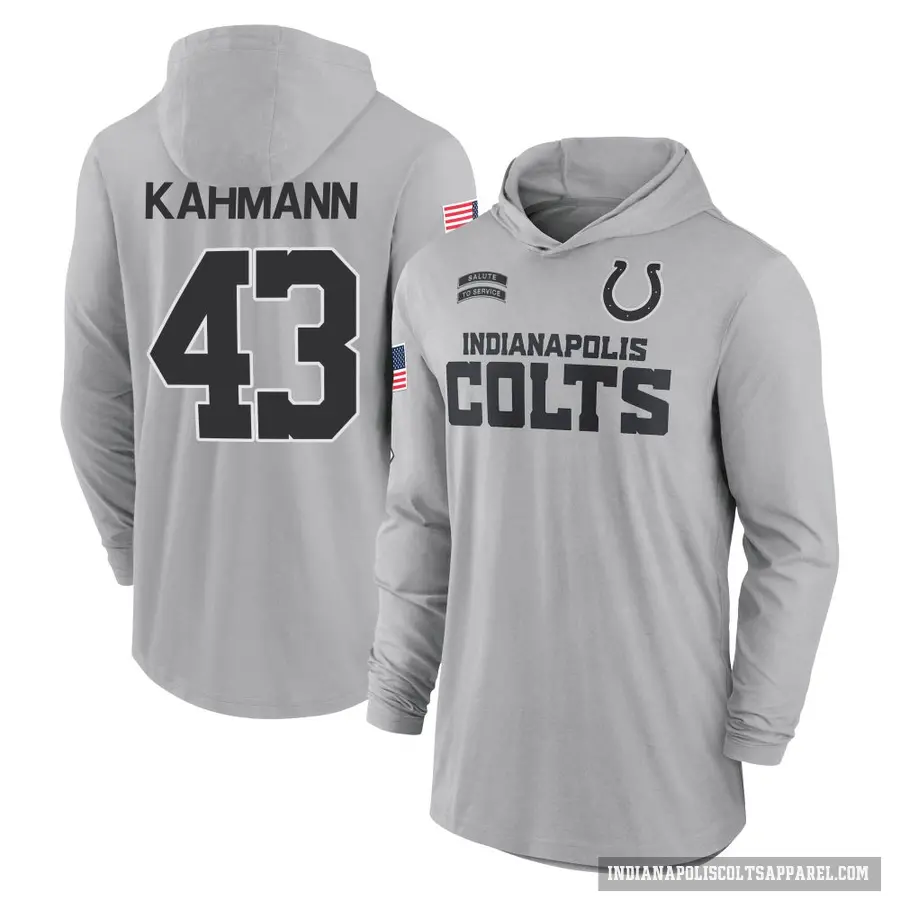 Youth ＃43 Tyler Kahmann Indianapolis Colts Gray 2024 Salute to Service Lightweight Performance Long Sleeve Hooded T-Shirt