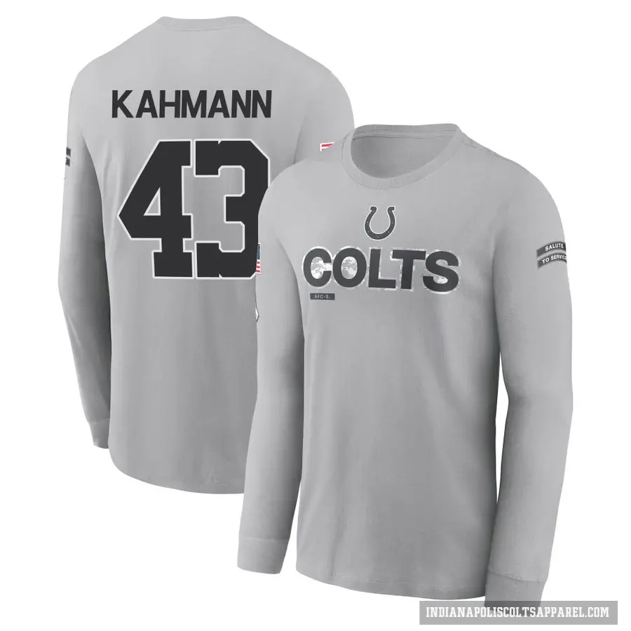 Youth ＃43 Tyler Kahmann Indianapolis Colts Gray 2024 Salute to Service Long Sleeve T-Shirt