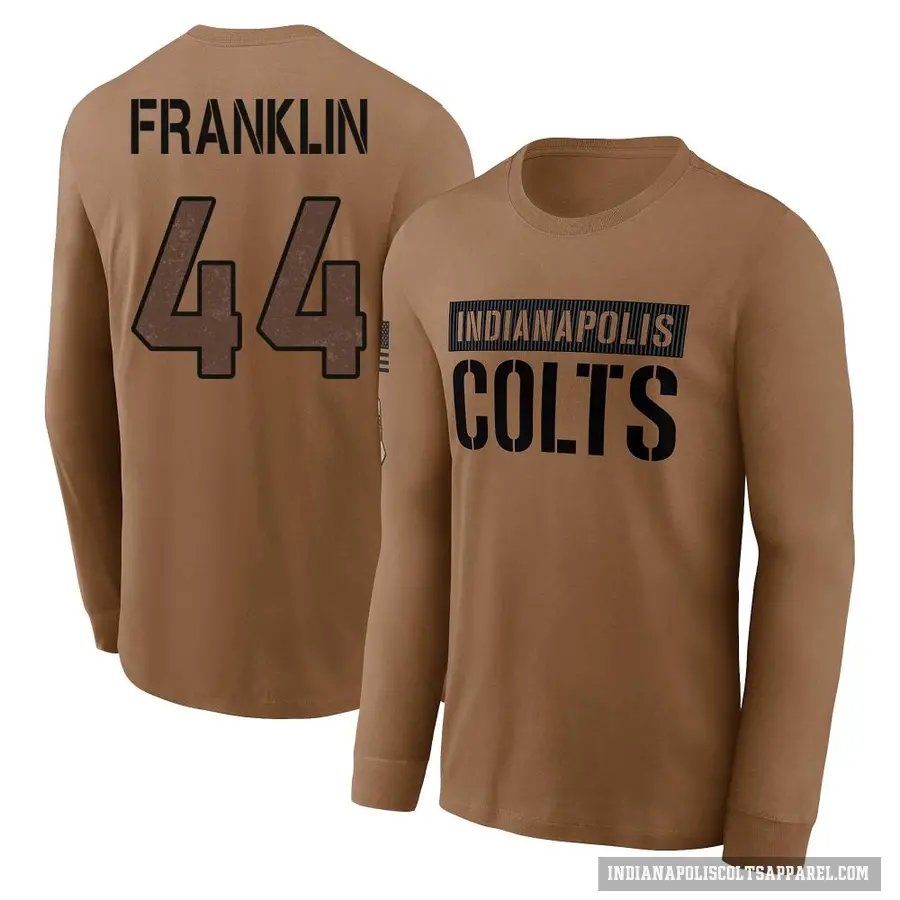 Youth ＃44 Zaire Franklin Indianapolis Colts Brown 2023 Salute To Service Long Sleeve T-Shirt