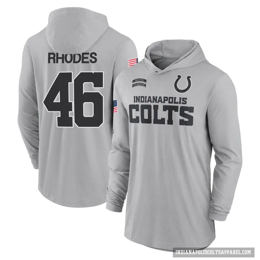 Youth ＃46 Luke Rhodes Indianapolis Colts Gray 2024 Salute to Service Lightweight Performance Long Sleeve Hooded T-Shirt