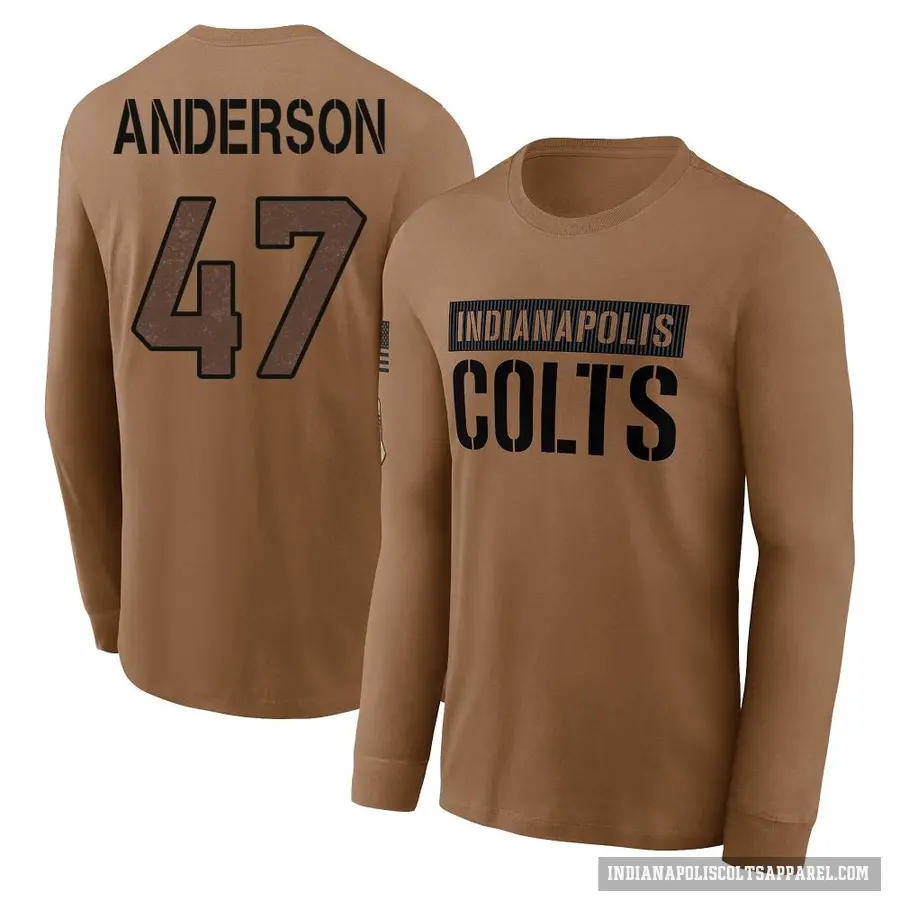 Youth ＃47 Liam Anderson Indianapolis Colts Brown 2023 Salute To Service Long Sleeve T-Shirt