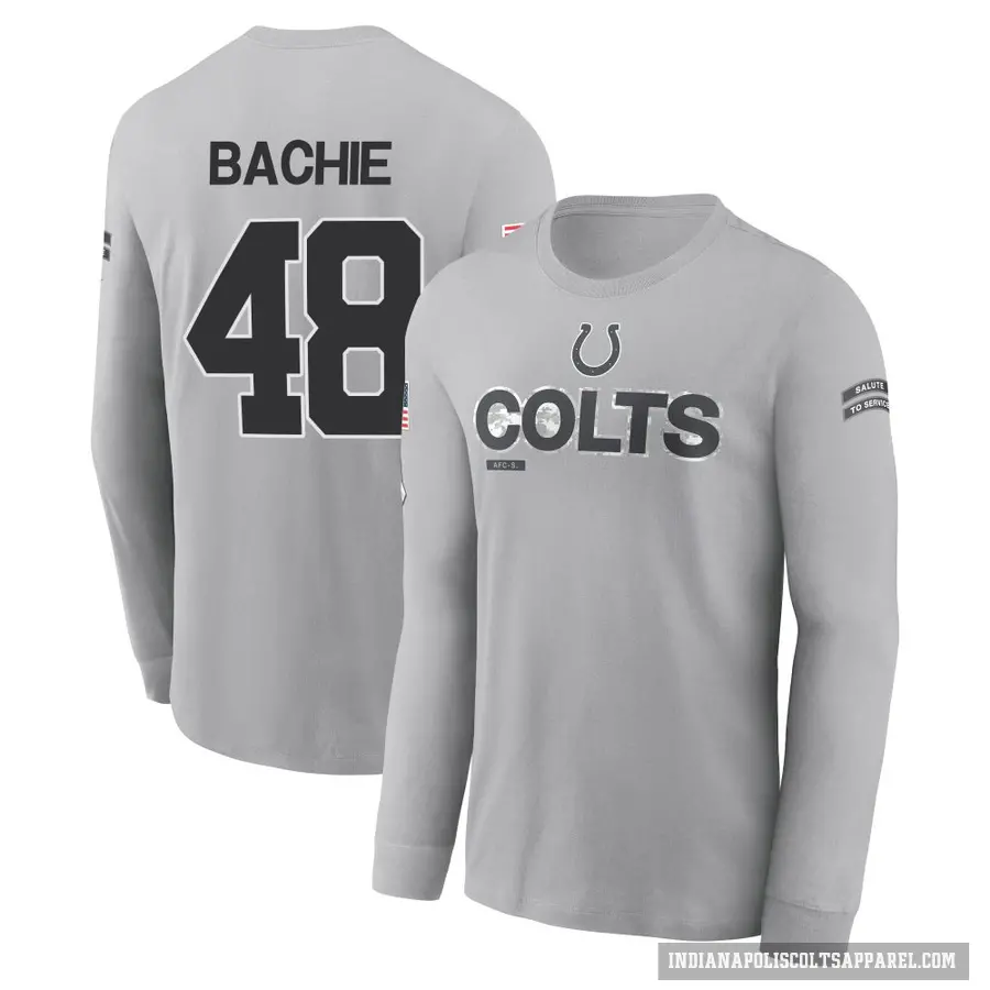 Youth ＃48 Joe Bachie Indianapolis Colts Gray 2024 Salute to Service Long Sleeve T-Shirt