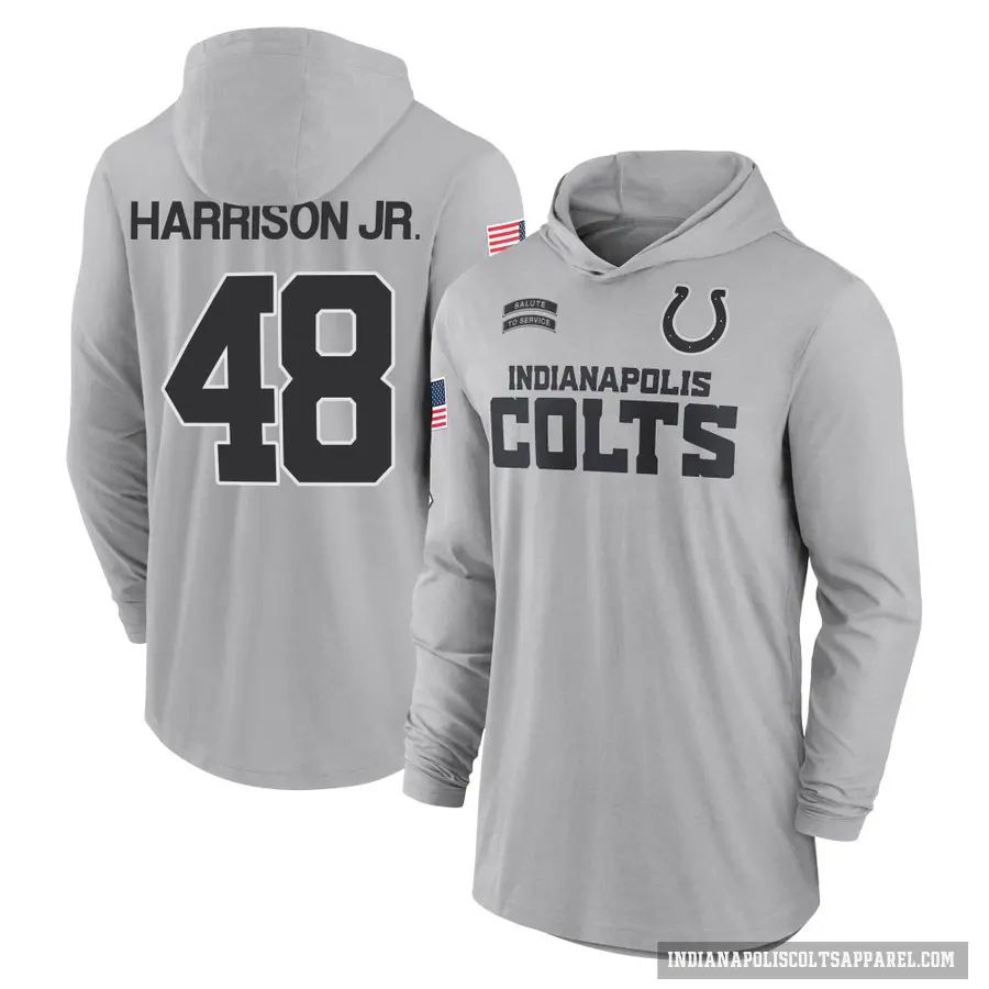 Youth ＃48 Ronnie Harrison Jr. Indianapolis Colts Gray 2024 Salute to Service Lightweight Performance Long Sleeve Hooded T-Shirt