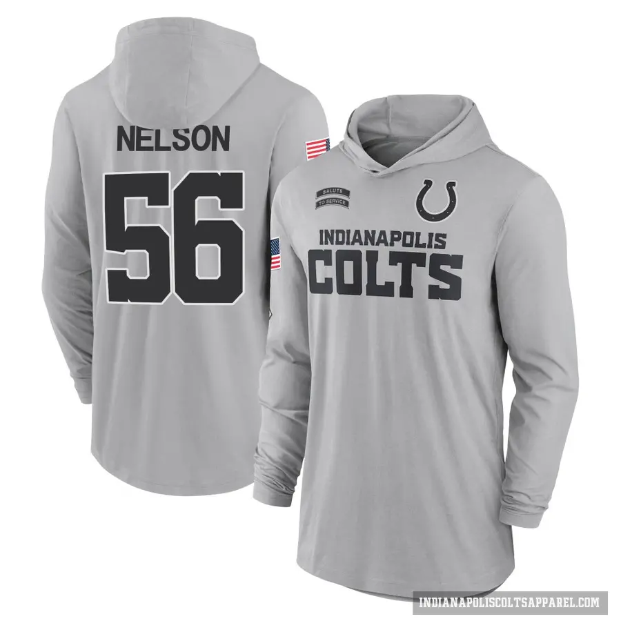 Youth ＃56 Quenton Nelson Indianapolis Colts Gray 2024 Salute to Service Lightweight Performance Long Sleeve Hooded T-Shirt