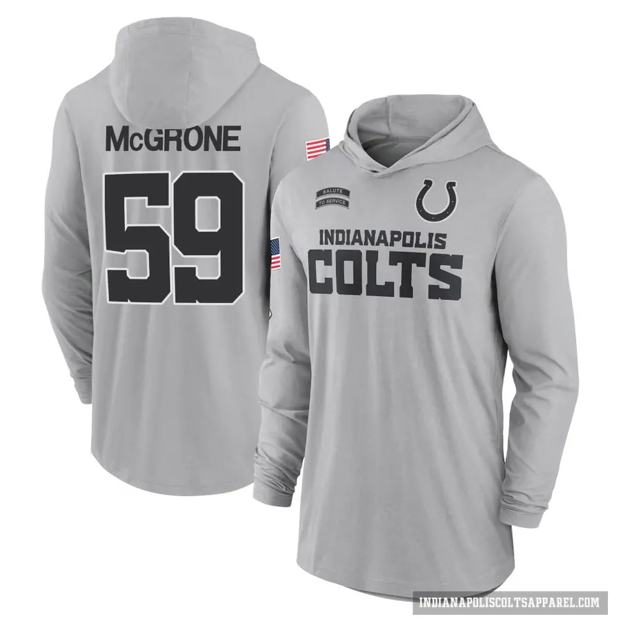 Youth ＃59 Cameron McGrone Indianapolis Colts Gray 2024 Salute to Service Lightweight Performance Long Sleeve Hooded T-Shirt