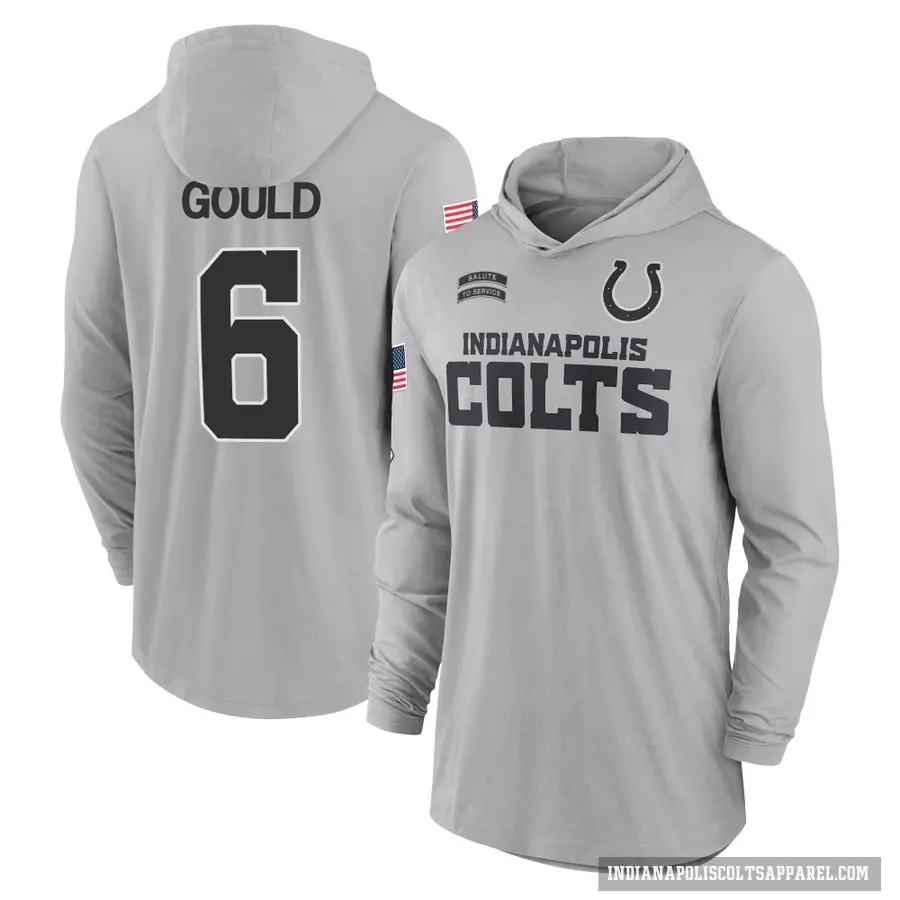 Youth ＃6 Anthony Gould Indianapolis Colts Gray 2024 Salute to Service Lightweight Performance Long Sleeve Hooded T-Shirt