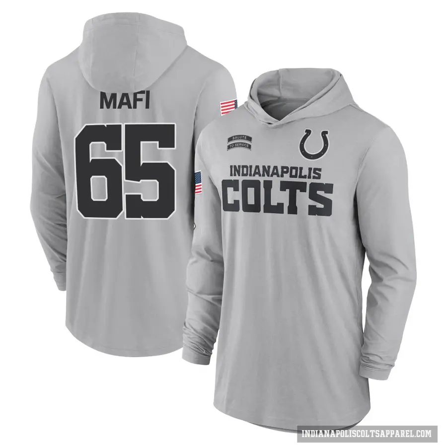 Youth ＃65 Atonio Mafi Indianapolis Colts Gray 2024 Salute to Service Lightweight Performance Long Sleeve Hooded T-Shirt