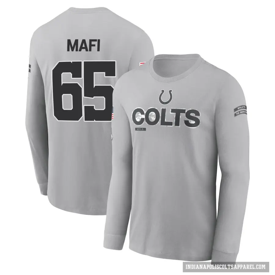 Youth ＃65 Atonio Mafi Indianapolis Colts Gray 2024 Salute to Service Long Sleeve T-Shirt