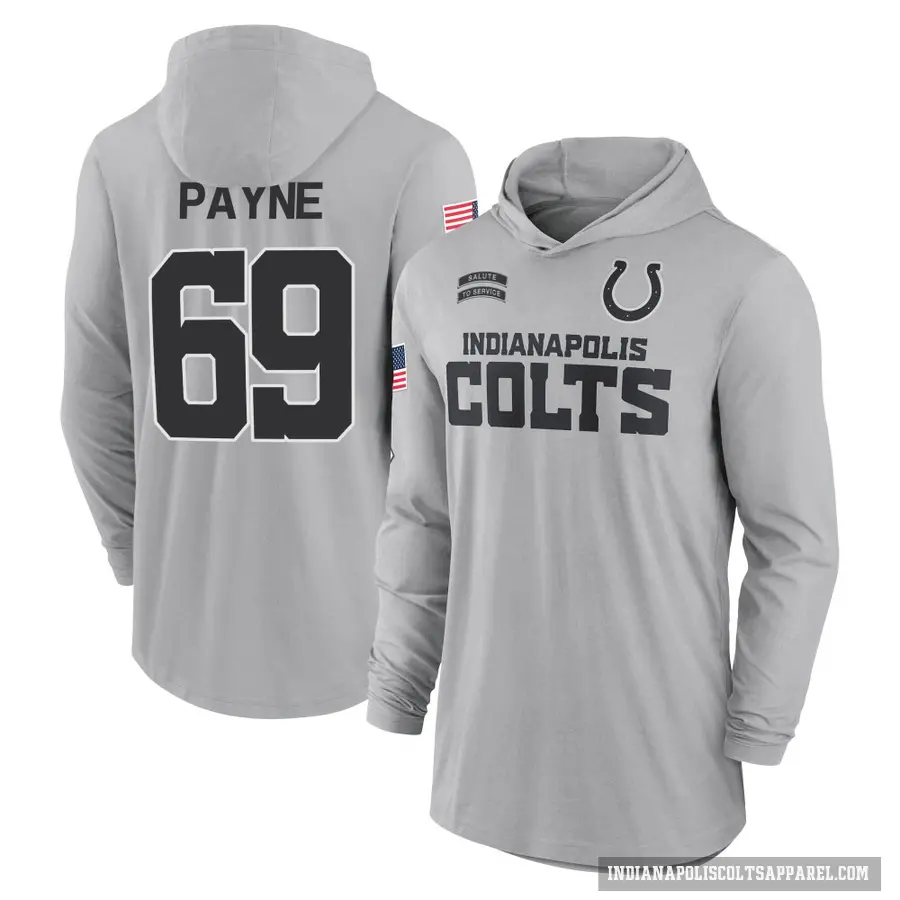Youth ＃69 Pheldarius Payne Indianapolis Colts Gray 2024 Salute to Service Lightweight Performance Long Sleeve Hooded T-Shirt