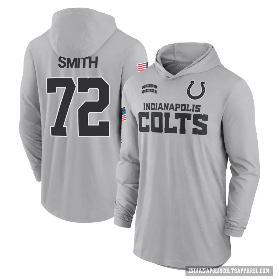 Youth ＃72 Braden Smith Indianapolis Colts Gray 2024 Salute to Service Lightweight Performance Long Sleeve Hooded T-Shirt