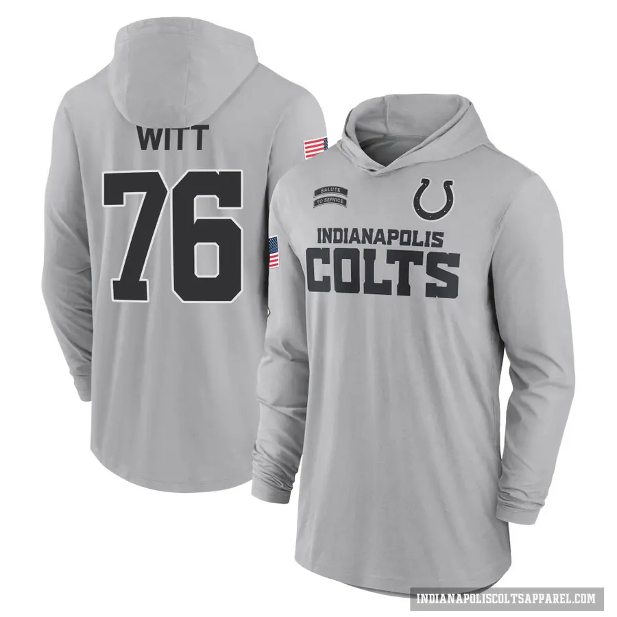 Youth ＃76 Jake Witt Indianapolis Colts Gray 2024 Salute to Service Lightweight Performance Long Sleeve Hooded T-Shirt
