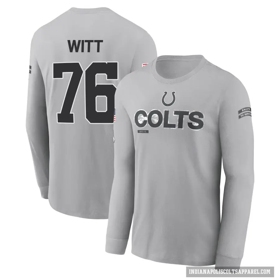 Youth ＃76 Jake Witt Indianapolis Colts Gray 2024 Salute to Service Long Sleeve T-Shirt