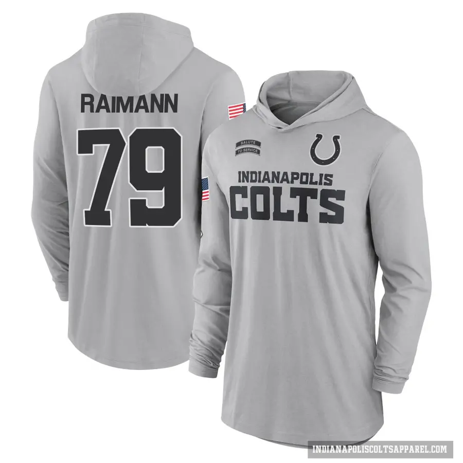 Youth ＃79 Bernhard Raimann Indianapolis Colts Gray 2024 Salute to Service Lightweight Performance Long Sleeve Hooded T-Shirt