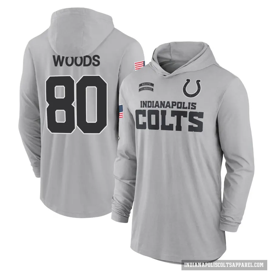 Youth ＃80 Jelani Woods Indianapolis Colts Gray 2024 Salute to Service Lightweight Performance Long Sleeve Hooded T-Shirt