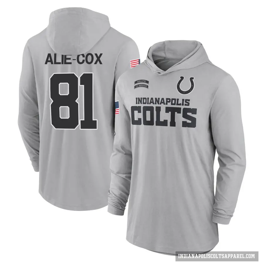 Youth ＃81 Mo Alie-Cox Indianapolis Colts Gray 2024 Salute to Service Lightweight Performance Long Sleeve Hooded T-Shirt