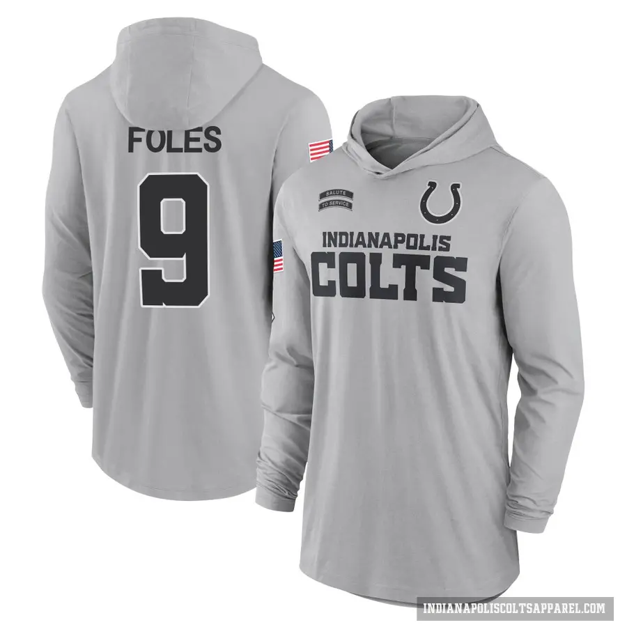 Youth ＃9 Nick Foles Indianapolis Colts Gray 2024 Salute to Service Lightweight Performance Long Sleeve Hooded T-Shirt