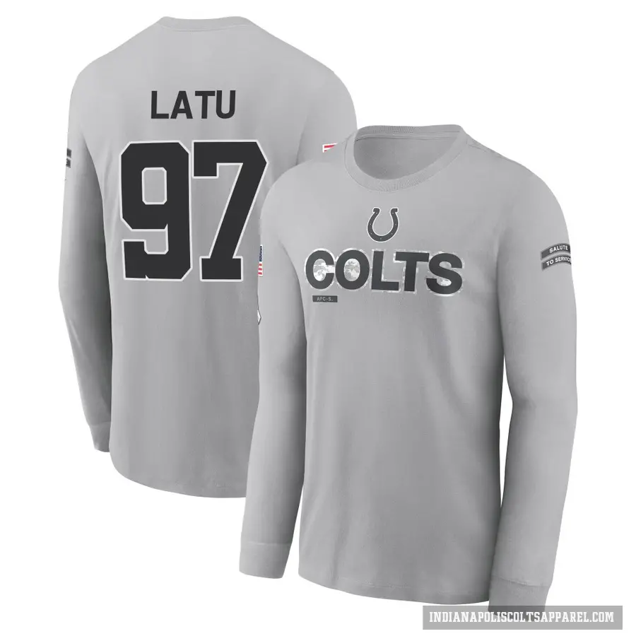 Youth ＃97 Laiatu Latu Indianapolis Colts Gray 2024 Salute to Service Long Sleeve T-Shirt