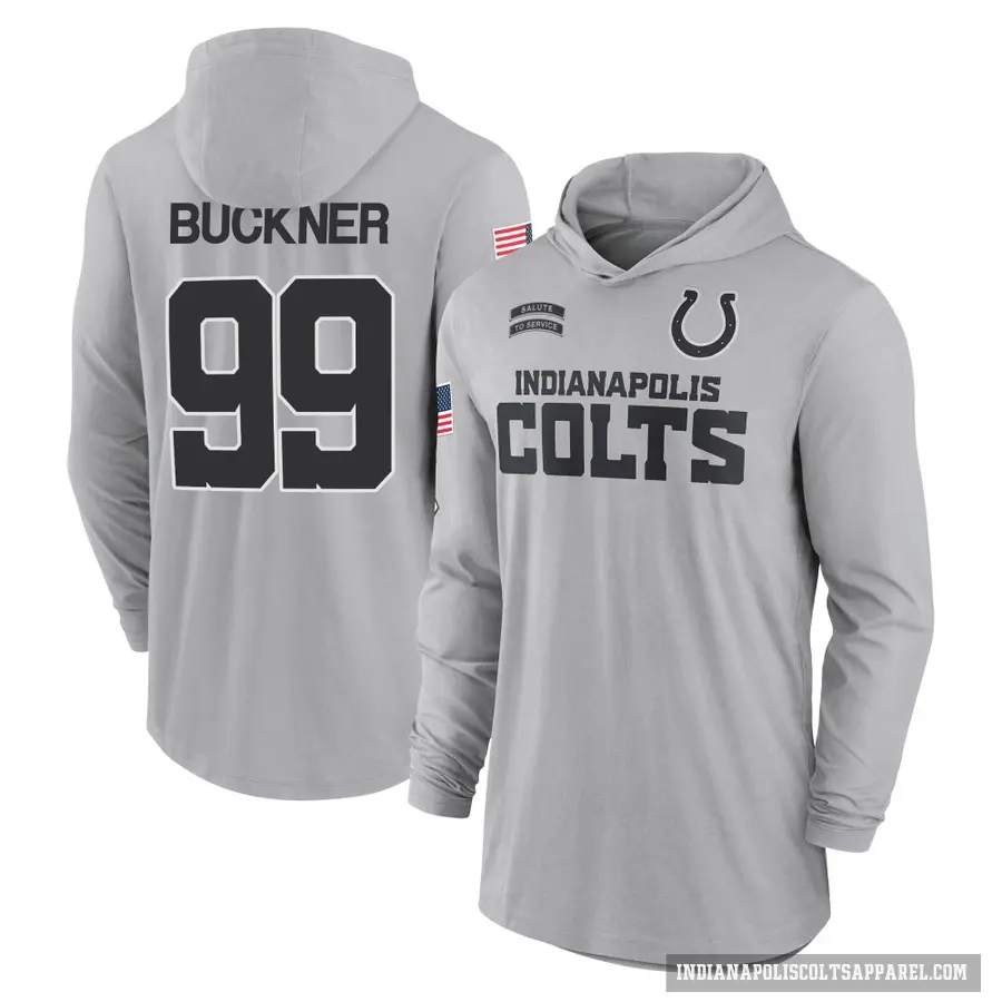 Youth ＃99 DeForest Buckner Indianapolis Colts Gray 2024 Salute to Service Lightweight Performance Long Sleeve Hooded T-Shirt